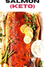 baked salmon with remoulade sauce and veggies