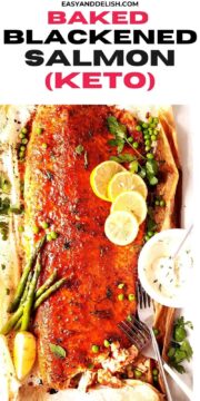 baked salmon with remoulade sauce and veggies