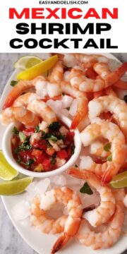 close up of mexican shrimp cocktail in a platter