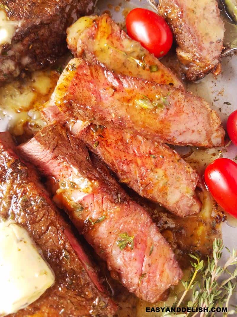 close up of sliced air fryer steak 