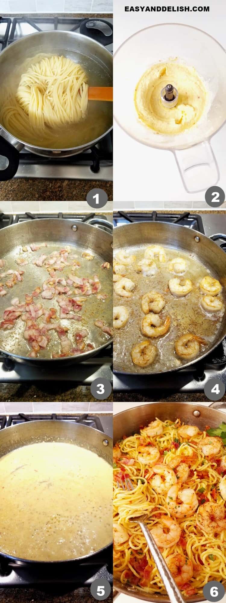 steps showing how to make shrimp carbonara on the stovetop