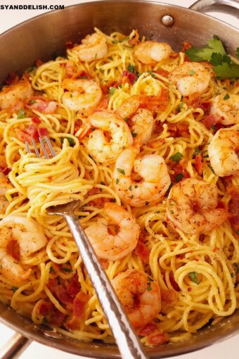 close up of a pan with shrimp carbonara