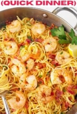 Shrimp Carbonara -- close up in a pan