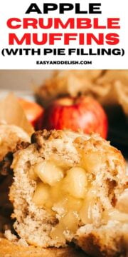 close up of apple crumble muffin with apple pie filling