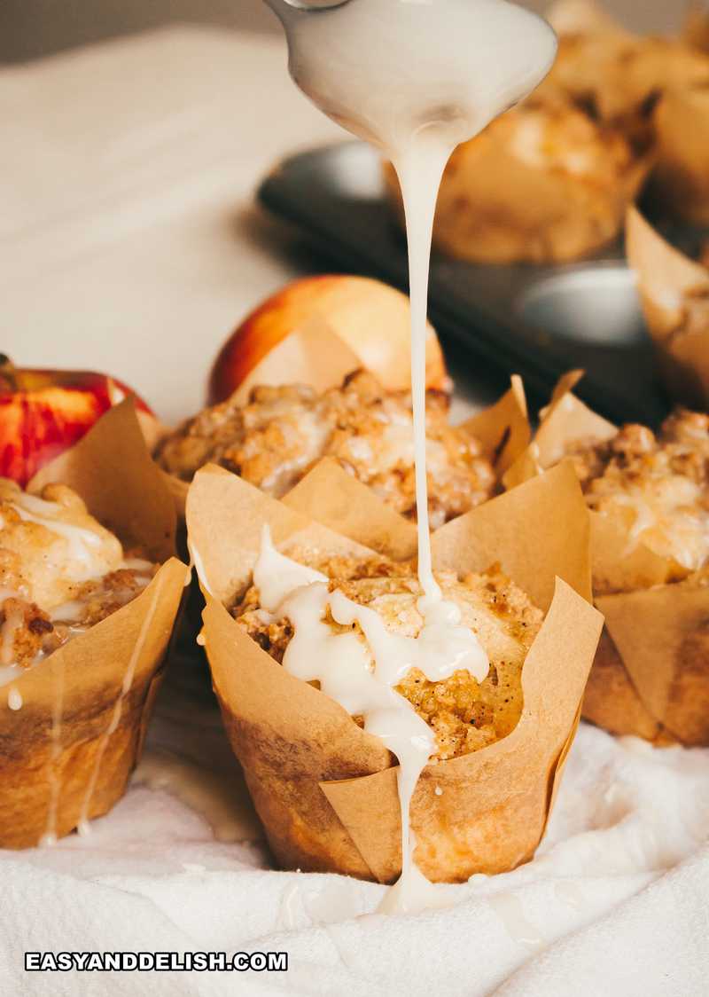 apple crumble muffin with a drizzle on top