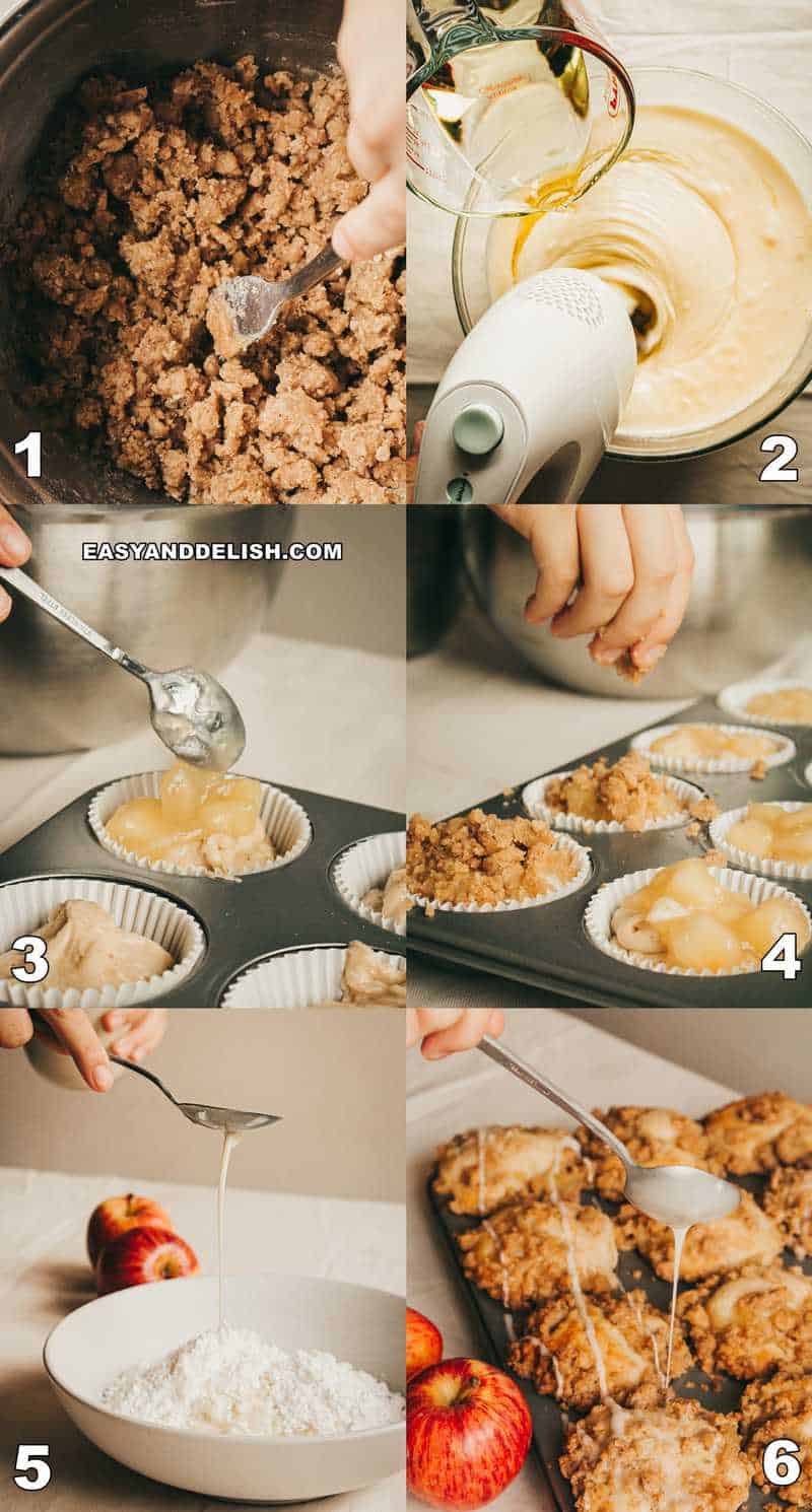 photo collage showing how to make apple crumble muffins step by step