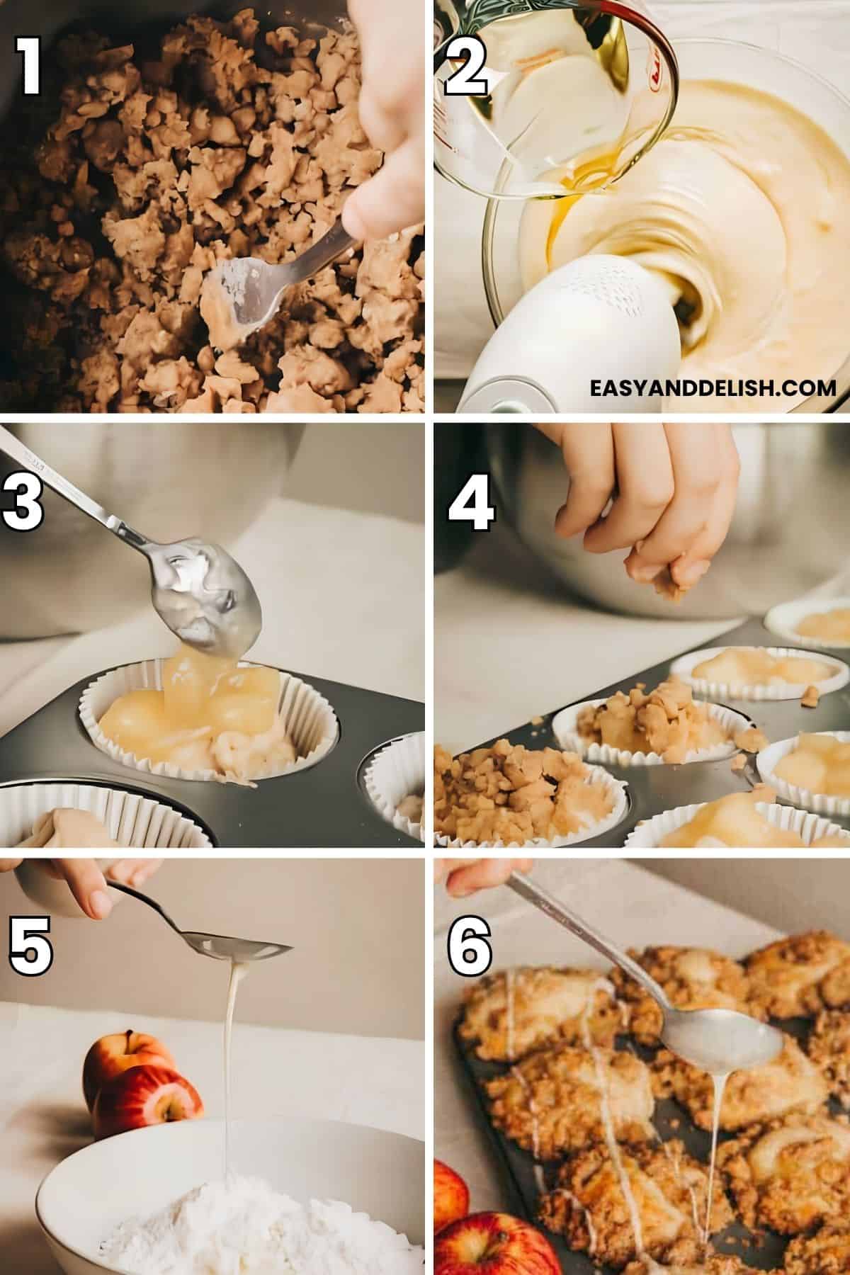 Apple muffins prepared with crumble topping, apple pie filling, and vanilla glaze.