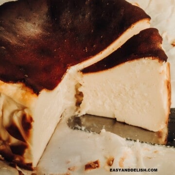 basque burnt cheesecake partially sliced