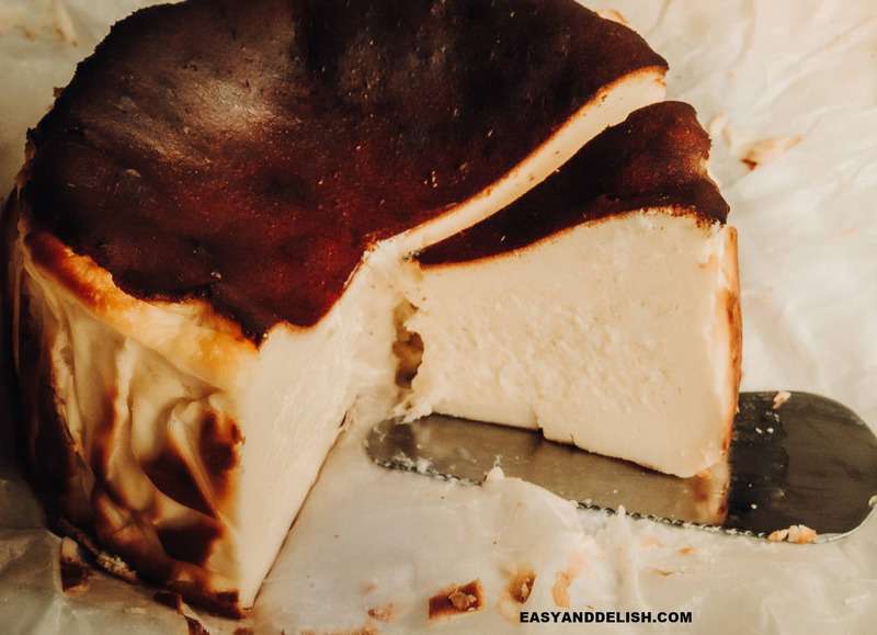 basque burnt cheesecake partially sliced