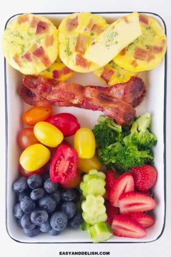 keto egg muffins with bacon, low carb veggies and fruits in a lunch box