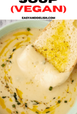 close up of vegan potato leek soup with bread