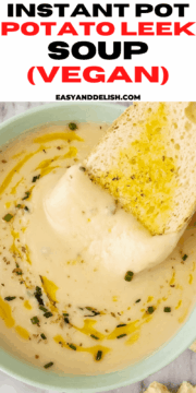 close up of vegan potato leek soup with bread