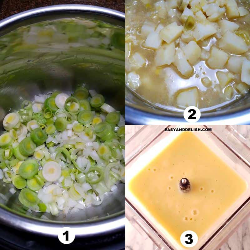 image collage showing how to make instant pot potato leek soup