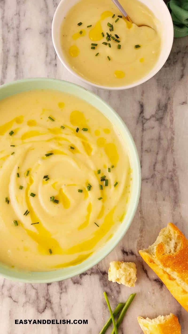 two bowls of vegan potato leek soup