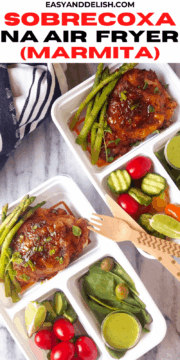 marmitas com sobrecoxas de frango fritas e legumes frescos