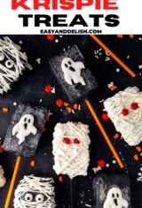 3 types of halloween rice krispie treats on a surface