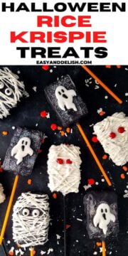 3 types of halloween rice krispie treats on a surface