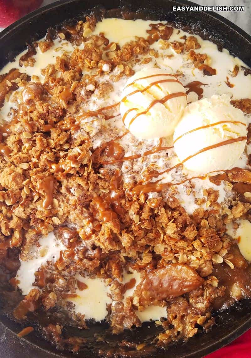 close up of apple crisp with ice cream