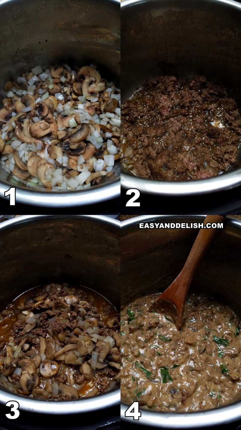 photo collage showing the steps to make ground beef stroganoff in the instant pot