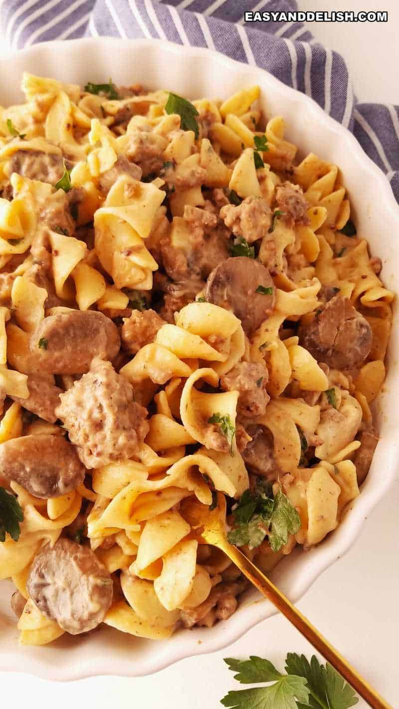 egg noodles mixed with stew in a bowl