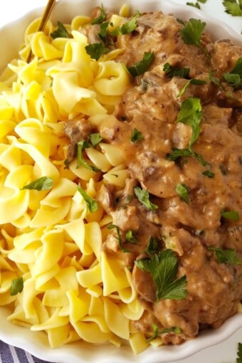 pasta with ground beef stroganoff in a bowl