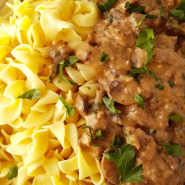 pasta with ground beef stroganoff in a bowl