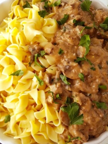 pasta with ground beef stroganoff in a bowl