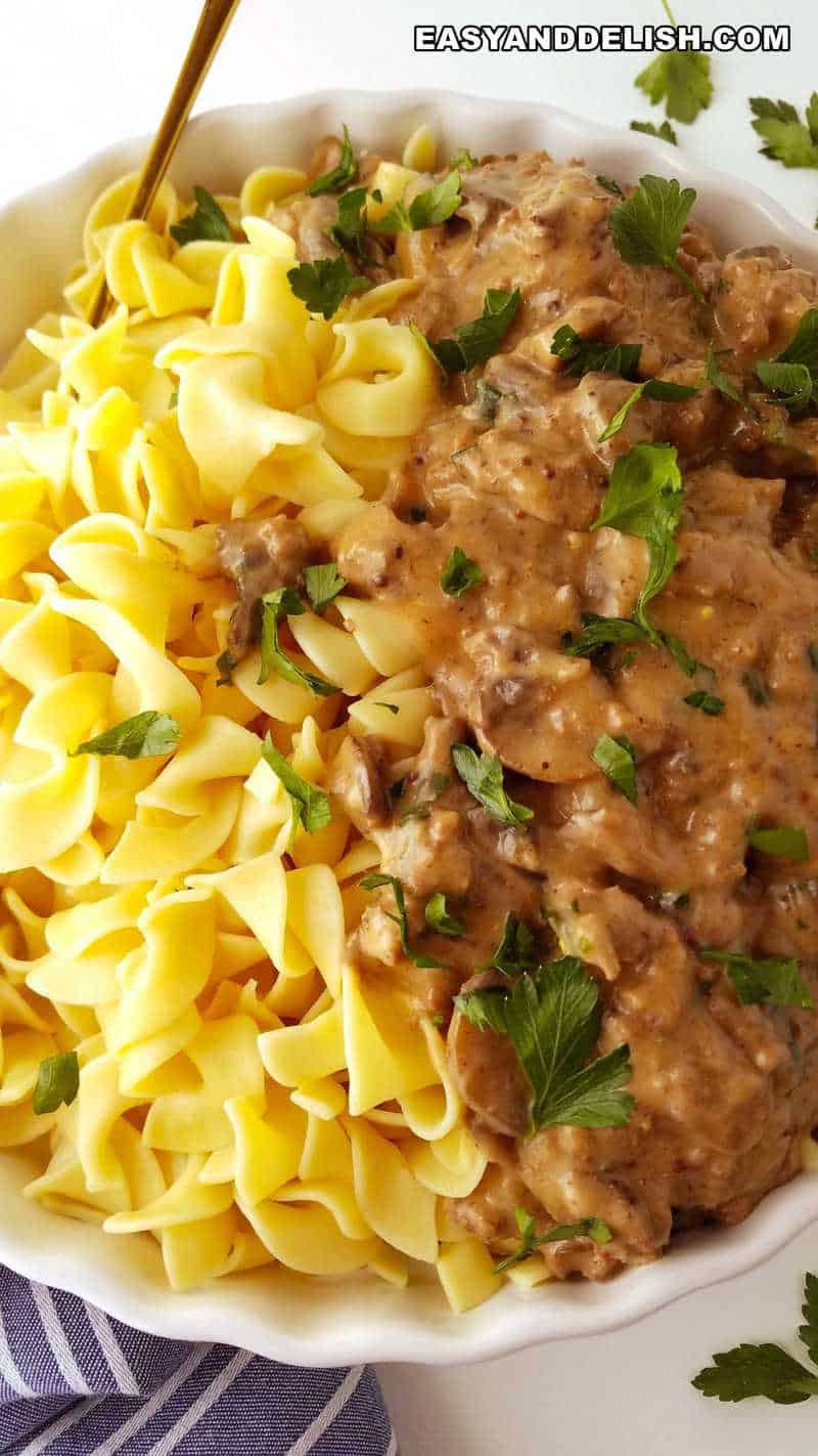 pasta with ground beef stroganoff in a bowl