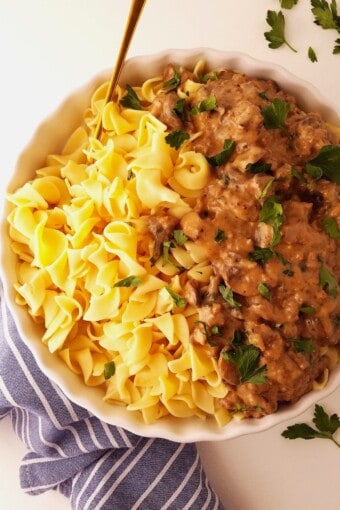 um prato de estrogonofe de carne moida com macarrão