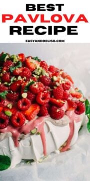 close up of Australian pavlova topped with berries