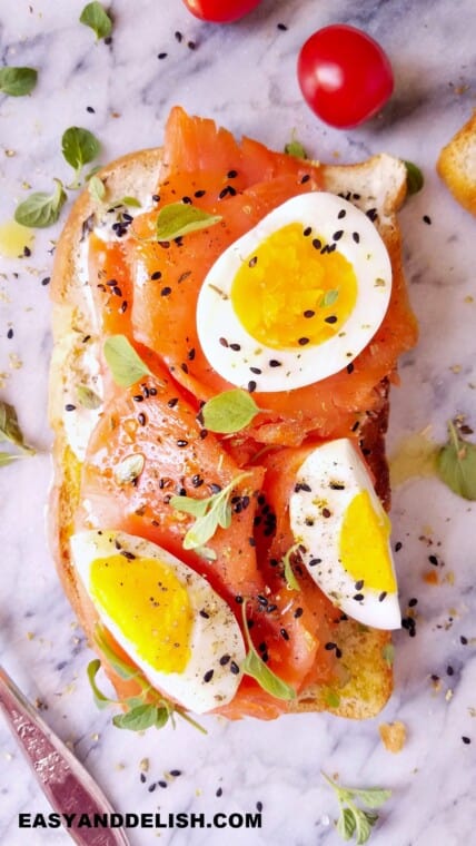 Air fryer hard boiled eggs on toast with smoked salmon.