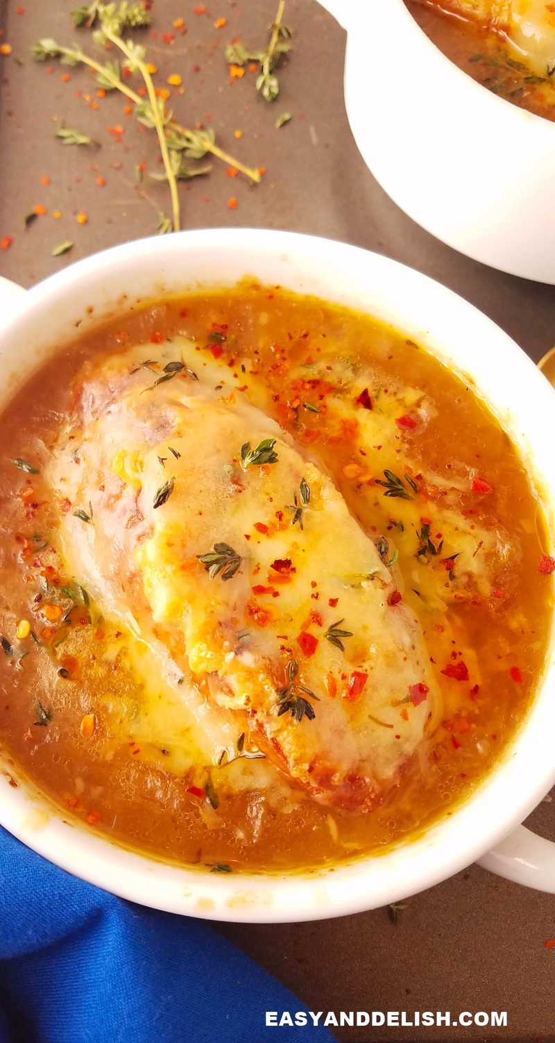 close up of a bowl of franch onion soup in instant pot