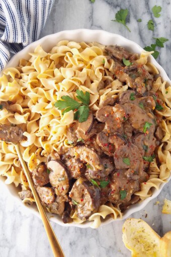 a bowl of mushroom stroganoff with noodles