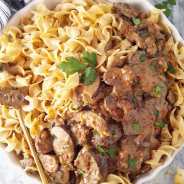 a bowl of mushroom stroganoff with noodles