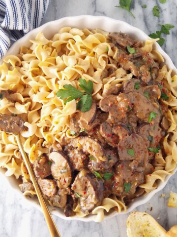 a bowl of mushroom stroganoff with noodles