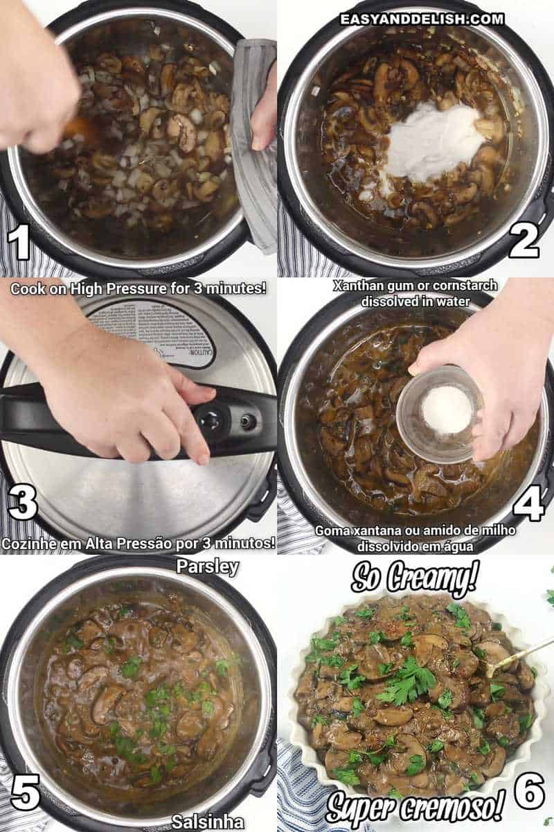 photo collage showing how to make mushroom stroganoff step by step 