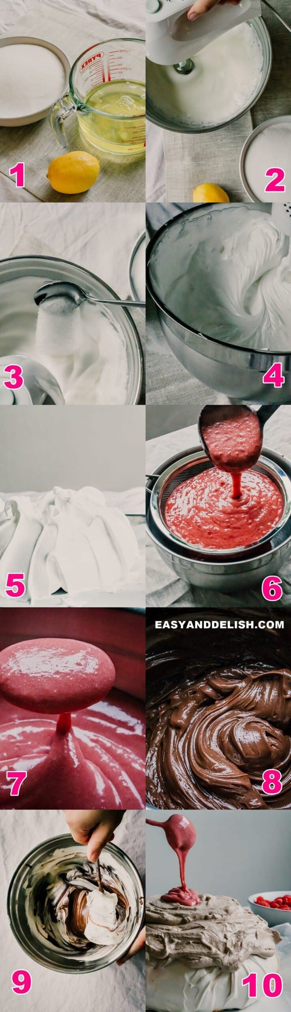 photo collage showing how to make pavlova, cream, and curd