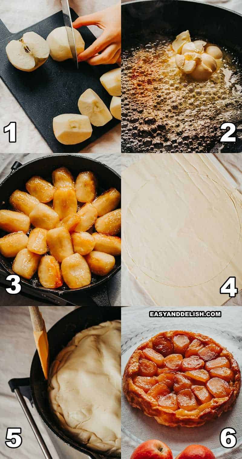 photo collage showing how to make tarte tatin in 6 steps