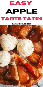 close up of tarte tatin with scoops of ice cream on top melting