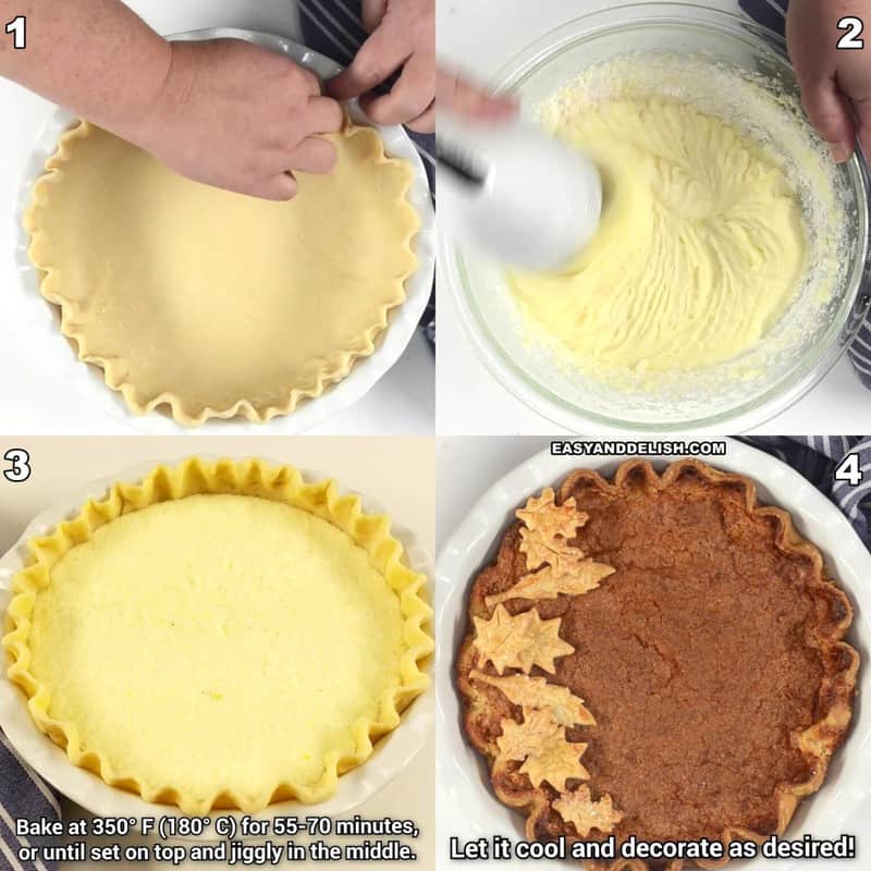 image collage showing how to make buttermilk pie in 4 steps