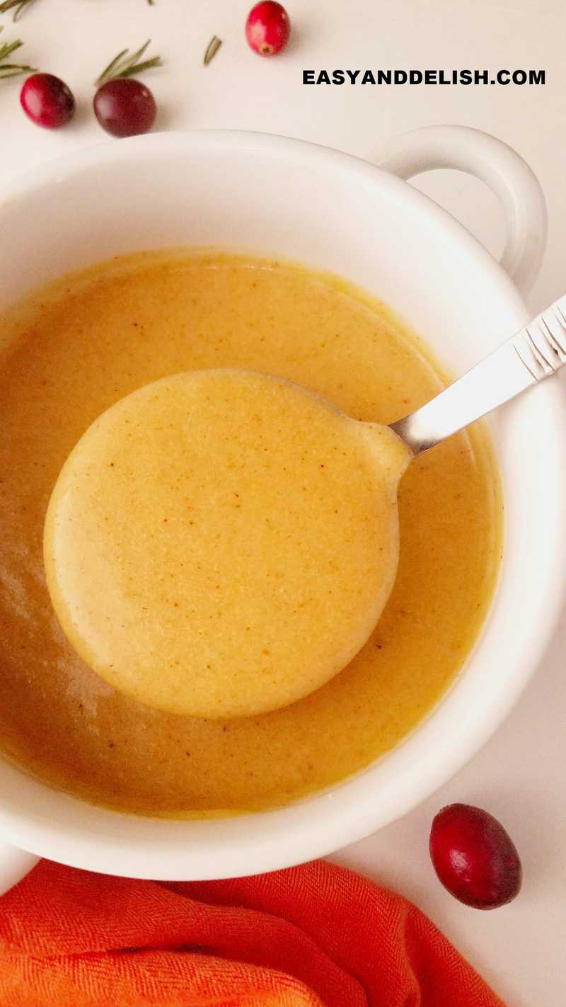 close up of a bowl of gravy with a laddle being lifted