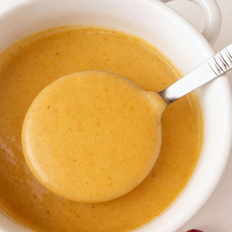 Gluten-Free Turkey Gravy in a white bowl with a spoonful lifted above it.