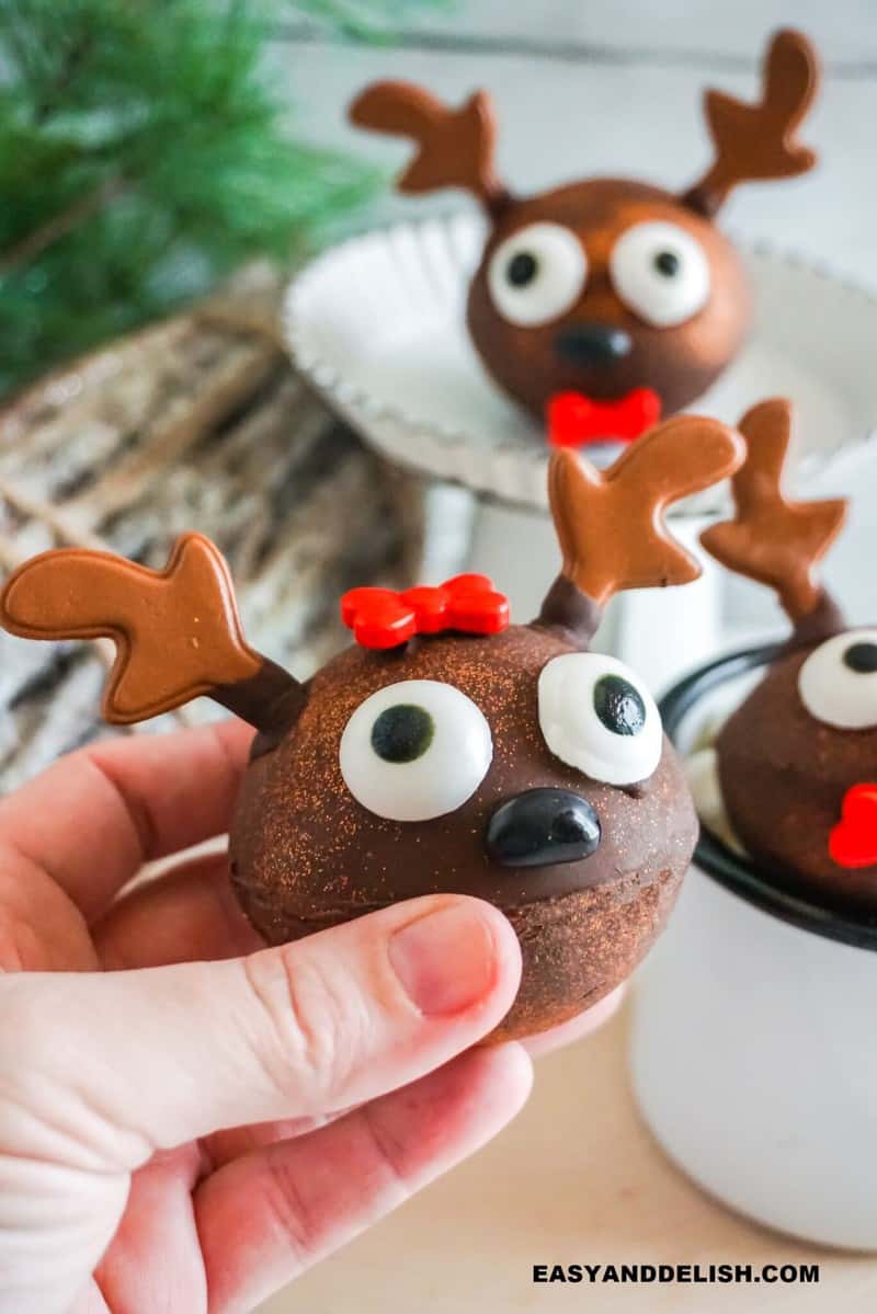 a hand holding a reindeer Christmas treat