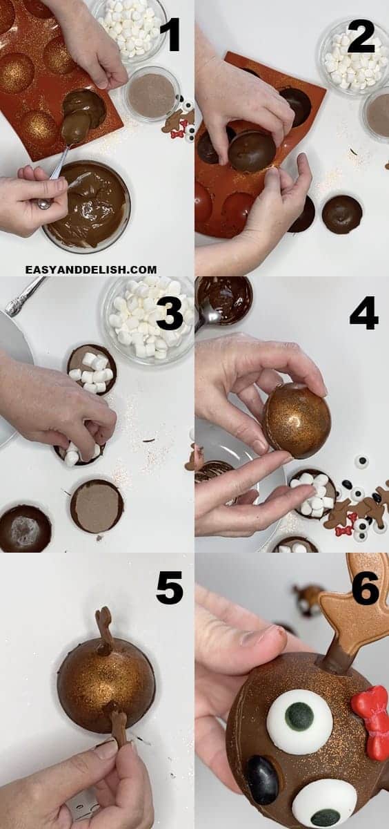 foto colagem mostrando como fazer bomba de chocolate passo-a-passo