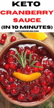 close up of a bowl with keto cranberry sauce, orange peel and herbs