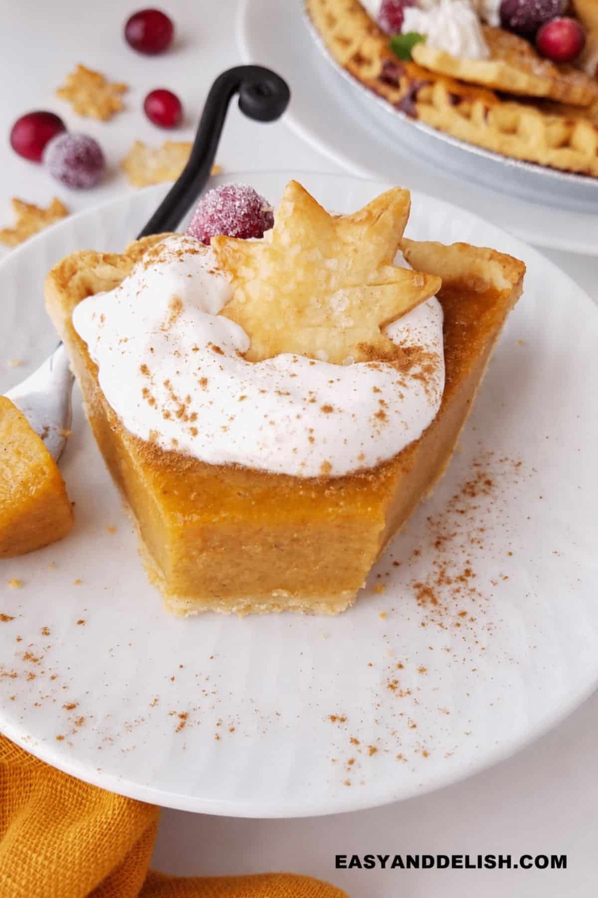 Sweet potato pie slice topped with whipped cream, cinnamon, a sugared cranberry, and pastry leaves.