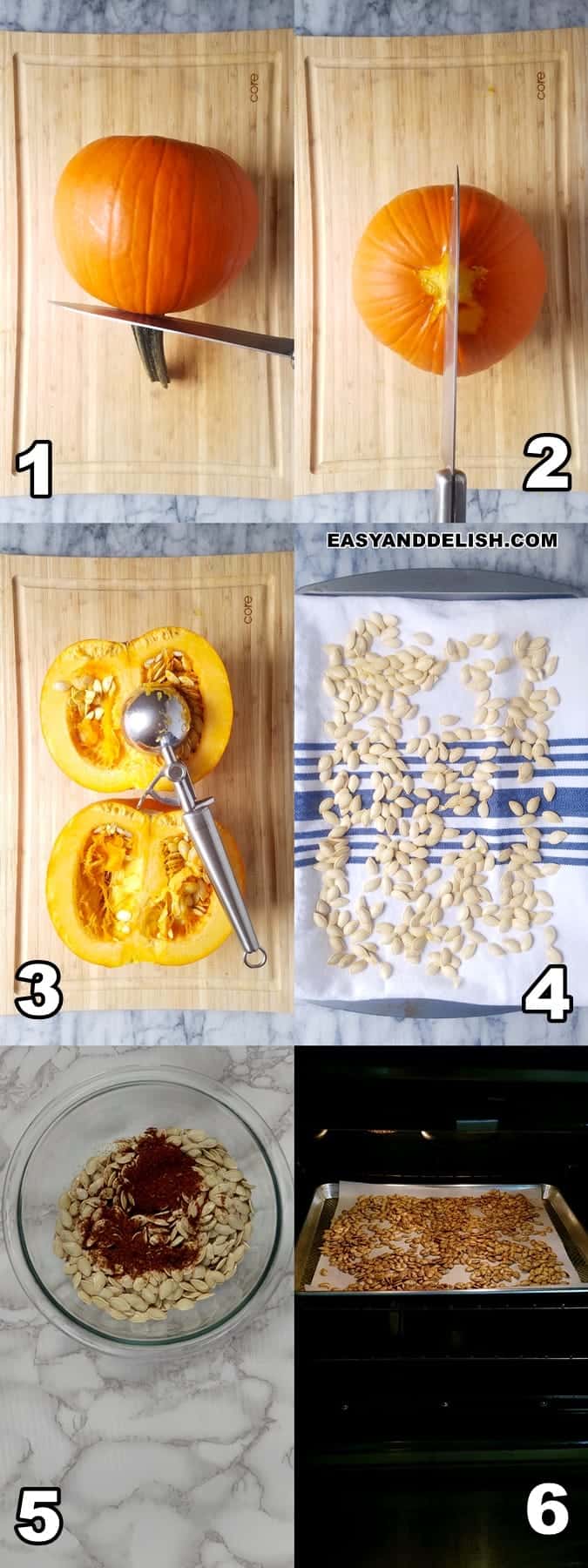 photo collage showing how to clean, dry, and roast pumpkin seeds