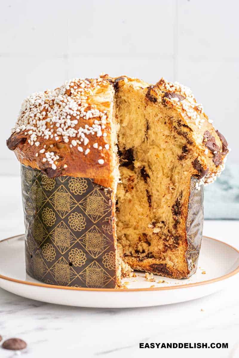 panetone with chocolate chips partially sliced