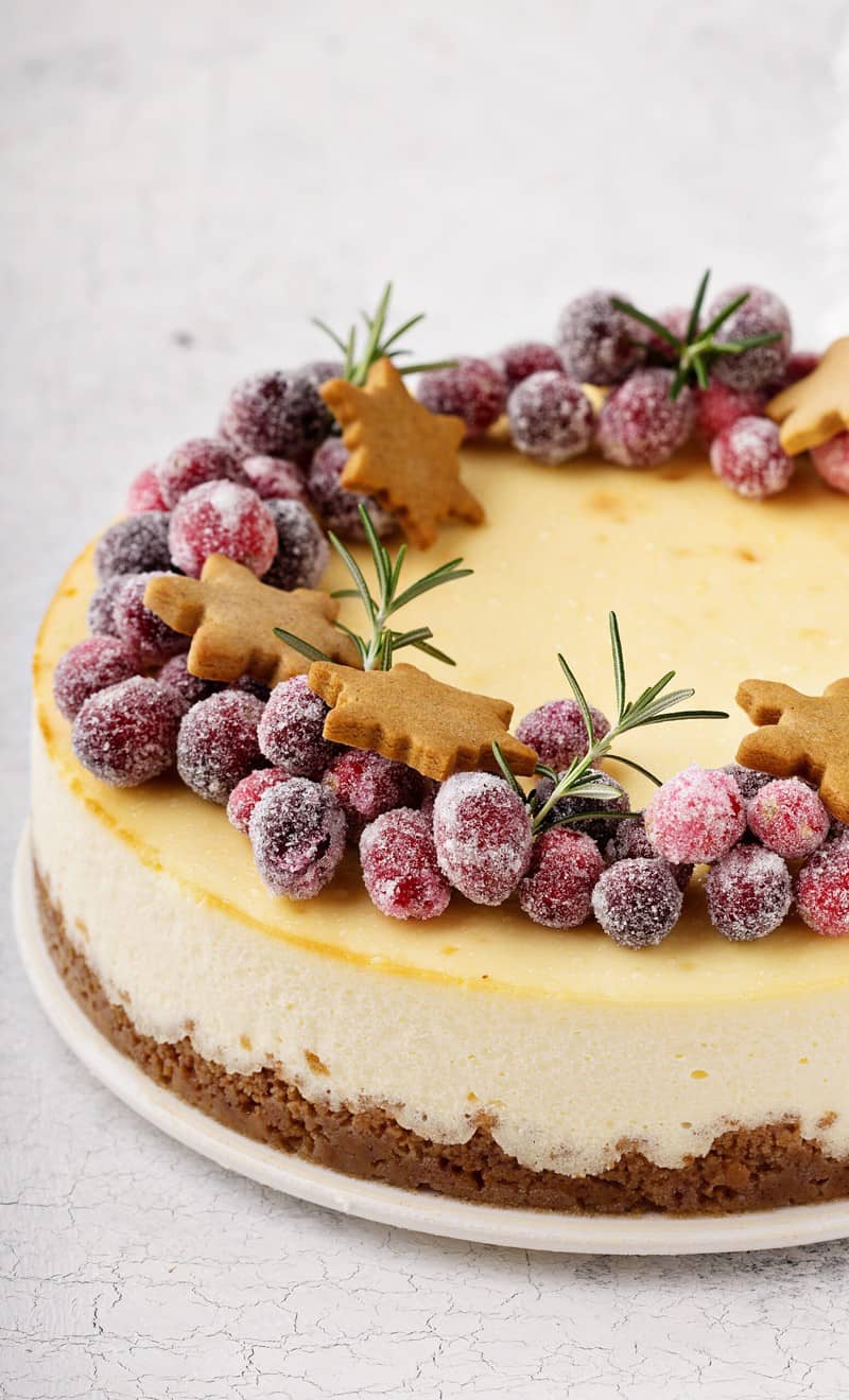 cheesecake topped with sugared cranberries and Christmas gingerbread cookies