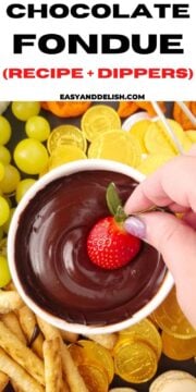 close up of strawberry dipped in chocolate fondue